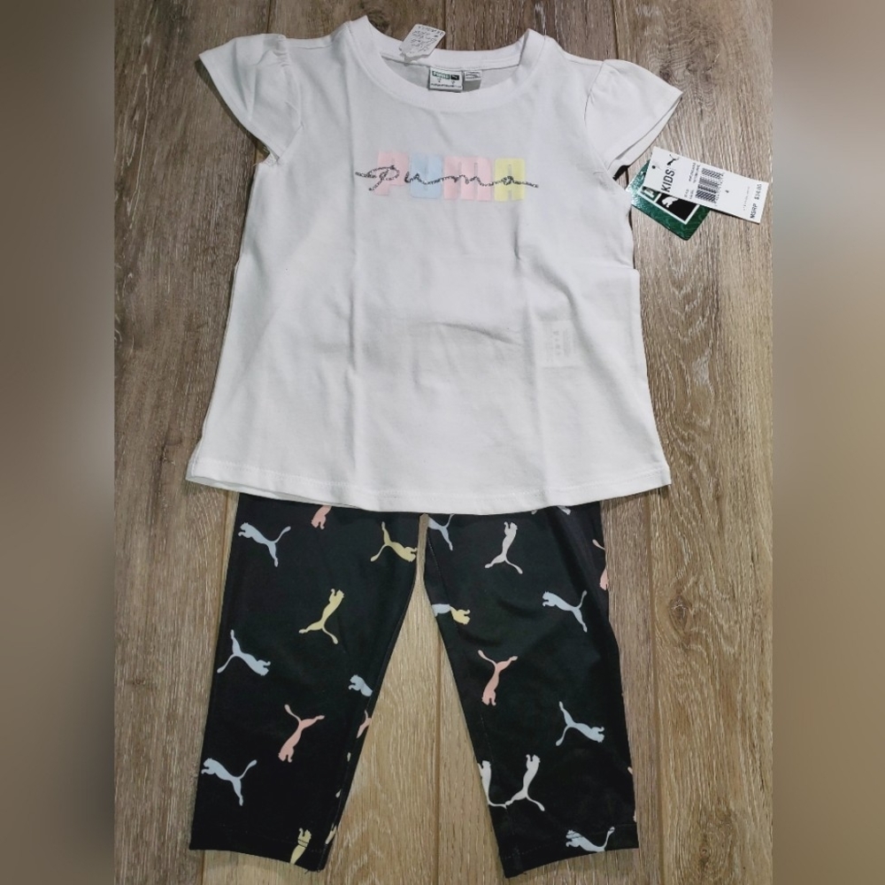 Little girl's Puma capri leggings & loose fit capped sleeve white tee Set Size 4
